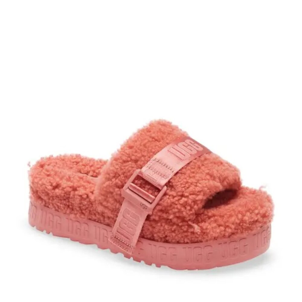 UGG Women's Brown Pink Fluffita Fur Slip-|On Casual Slide Sandal Size 6.5